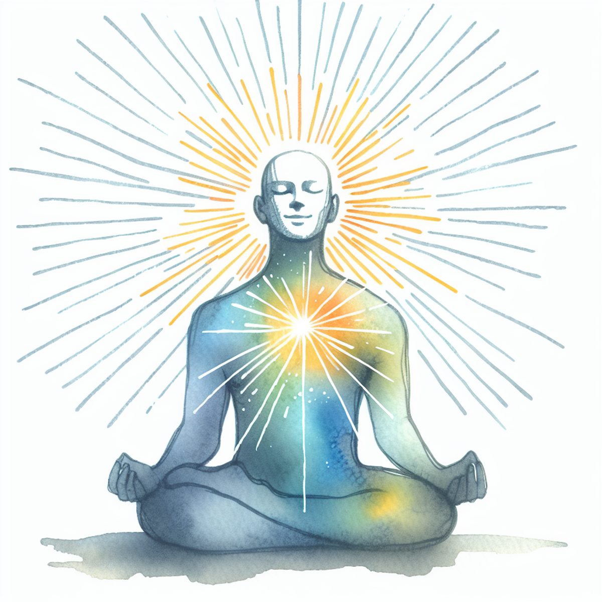 A watercolor of a meditating figure radiating light