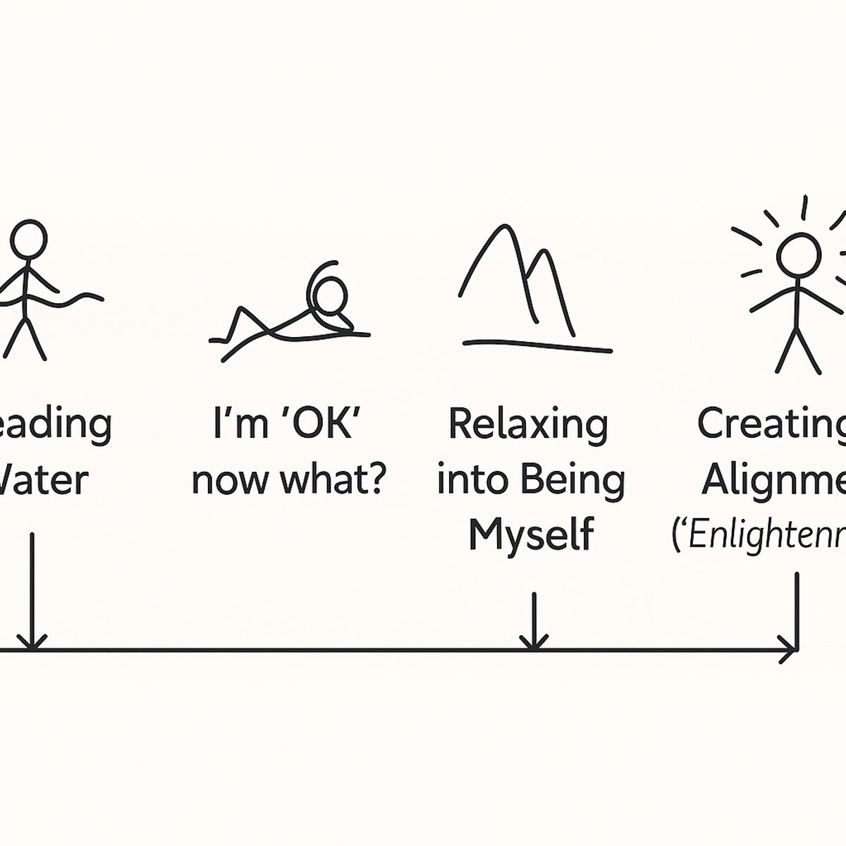 Stick figures for the five stages, from drowning to creating in alignment