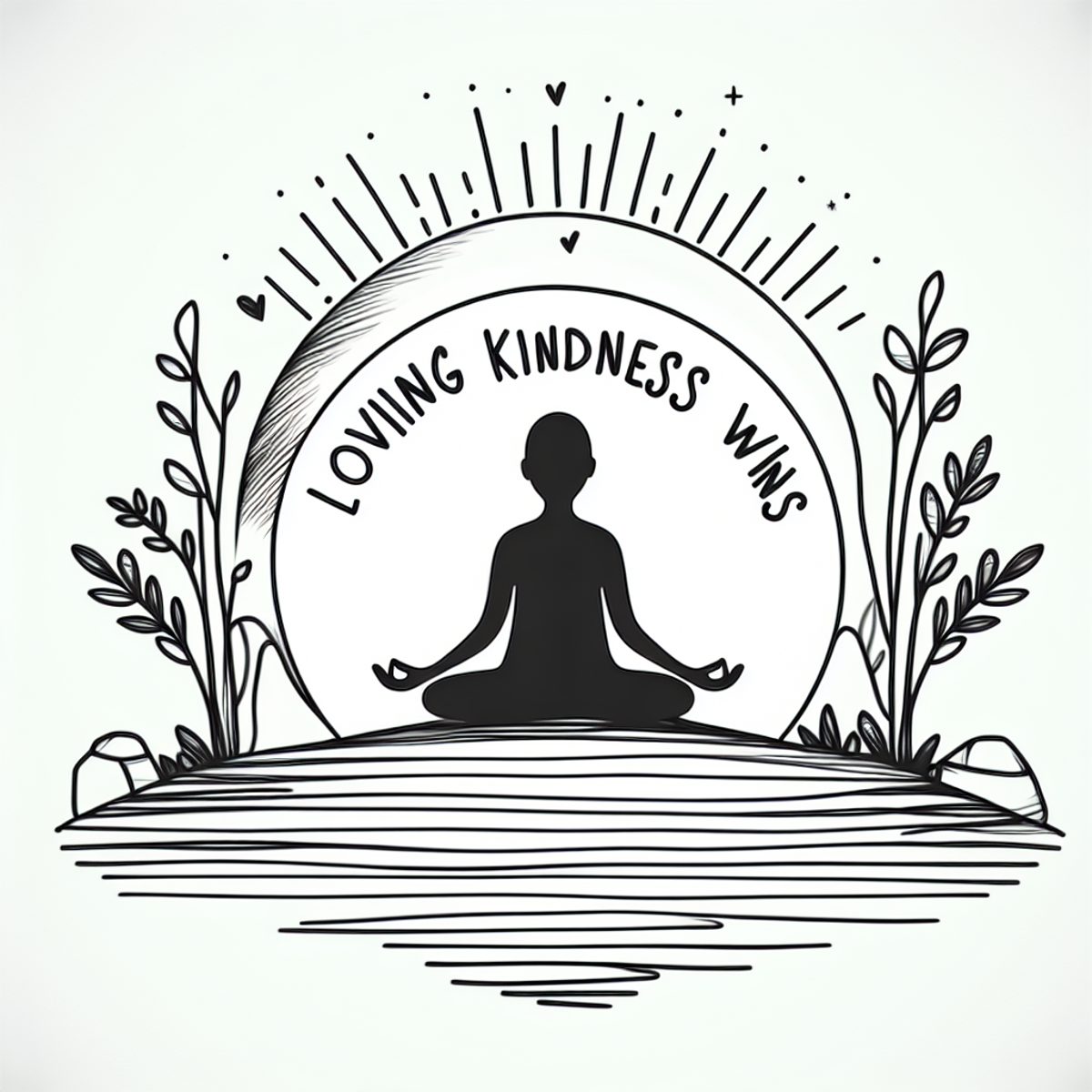 A line drawing of a person meditating beneath the words Loving Kindness Wins