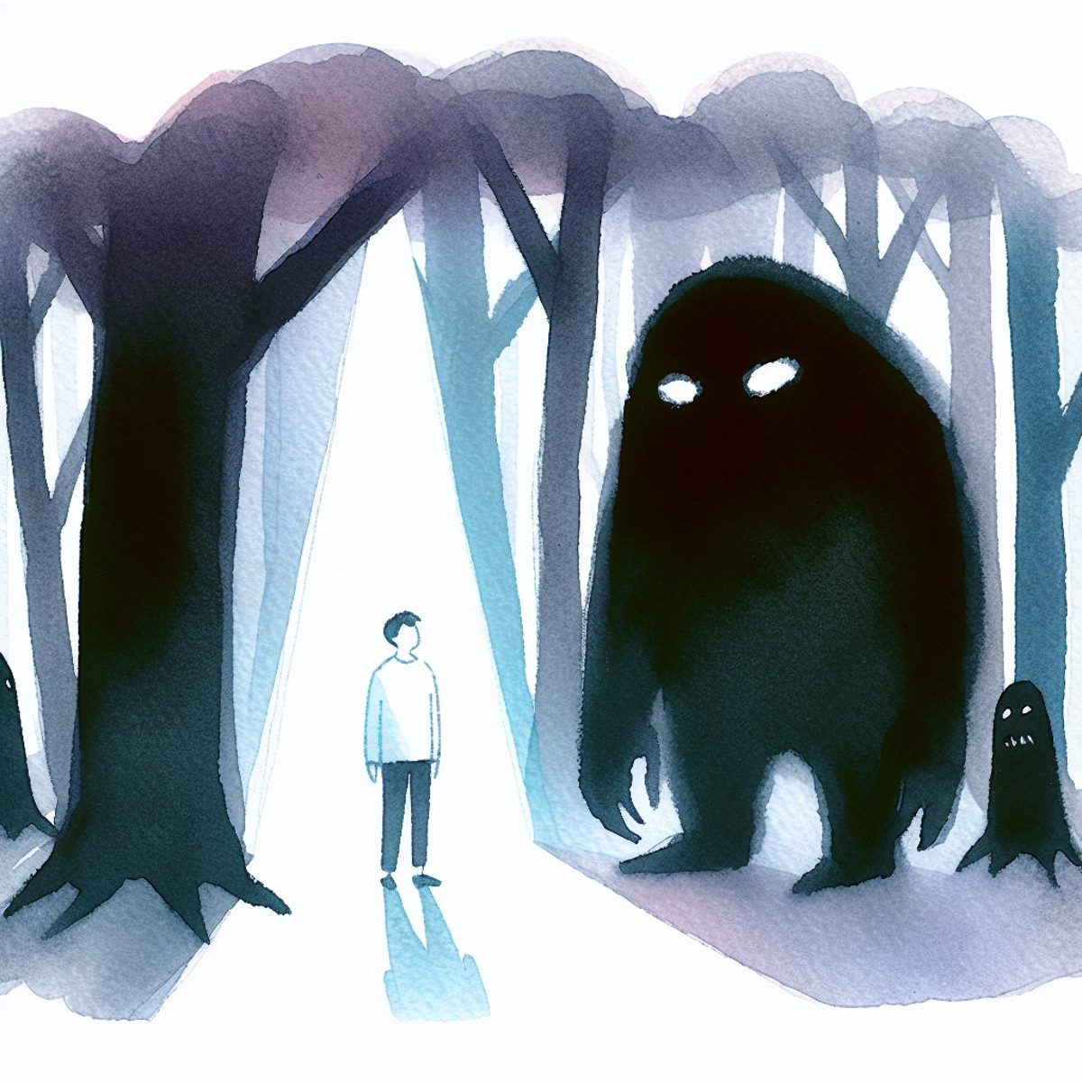 A child facing a large dark monster in a misty forest