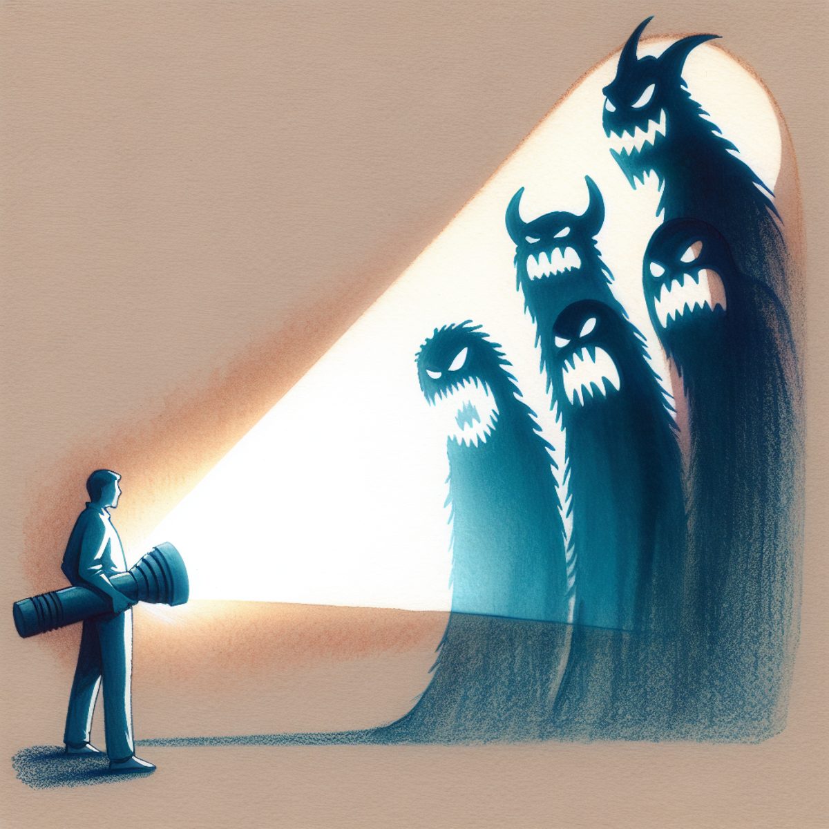 A small figure shining a flashlight on looming shadow monsters