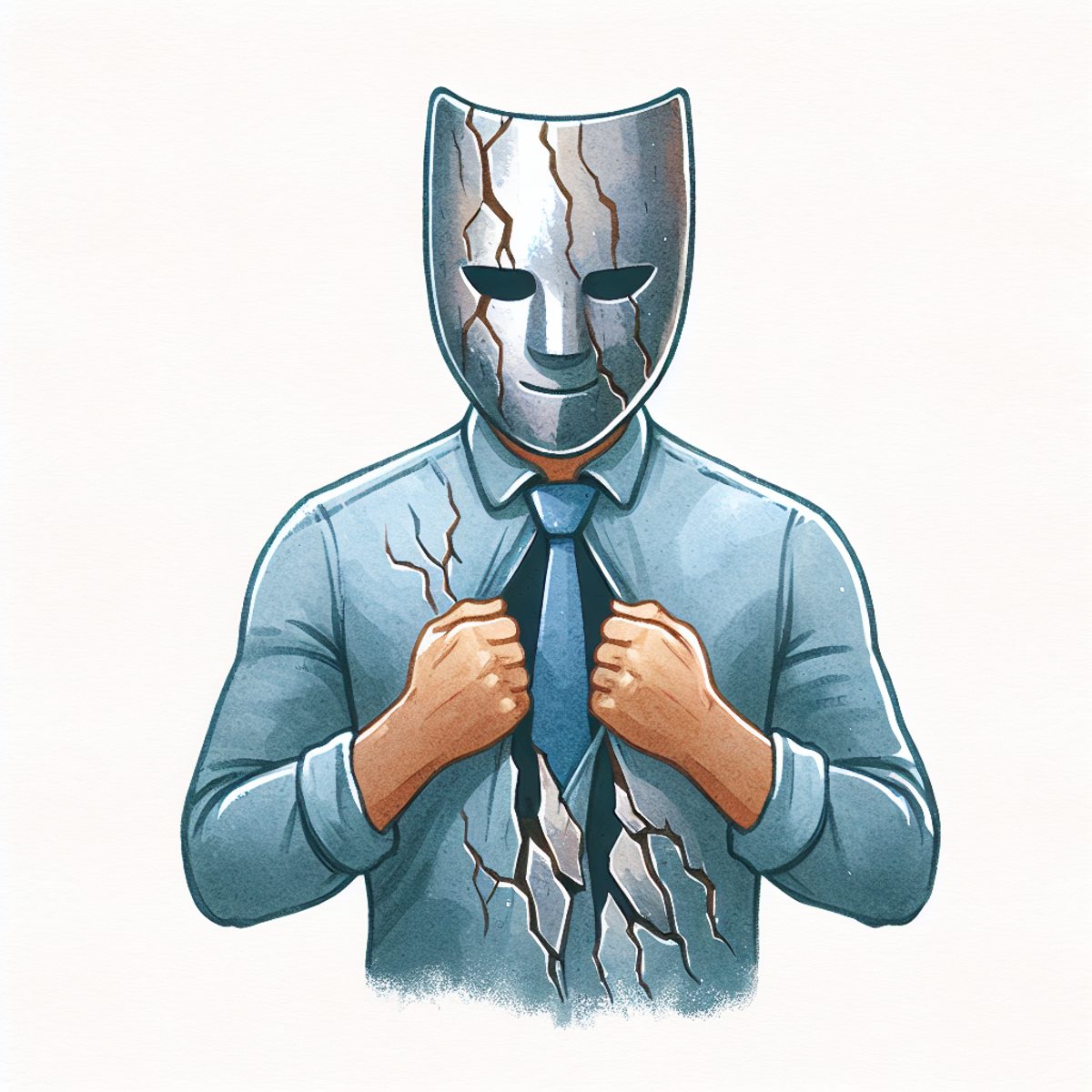 A man pulling open a cracked suit of armor and mask