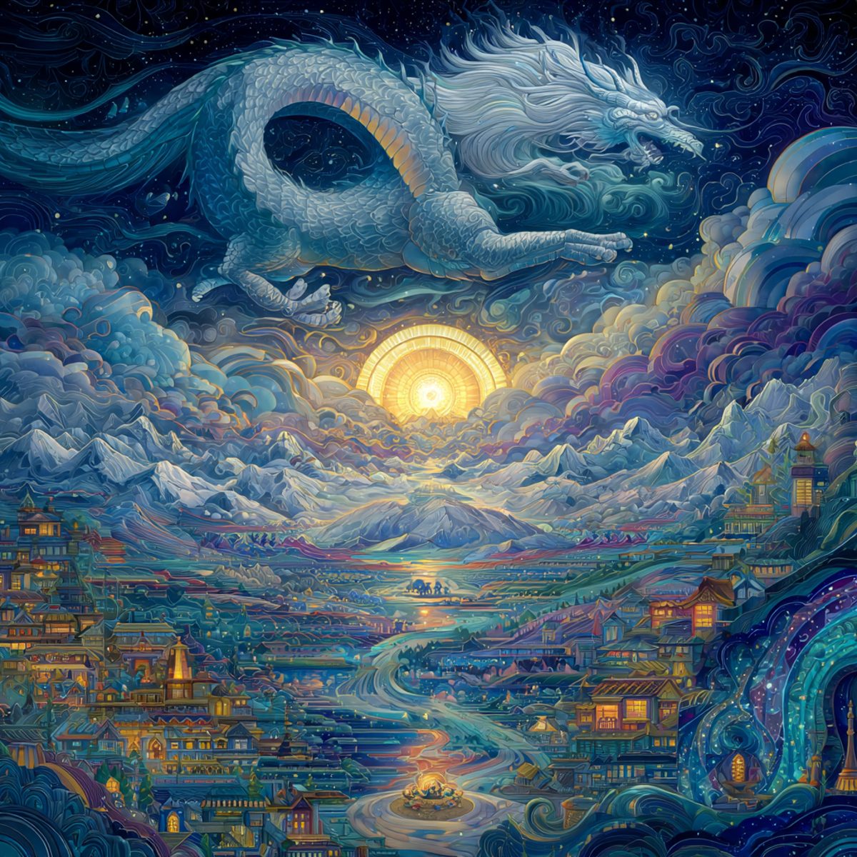 A white dragon flying through swirling cosmic clouds above a glowing sun