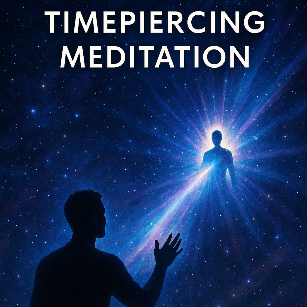 A seated figure reaching toward a burst of light, titled Timepiercing Meditation