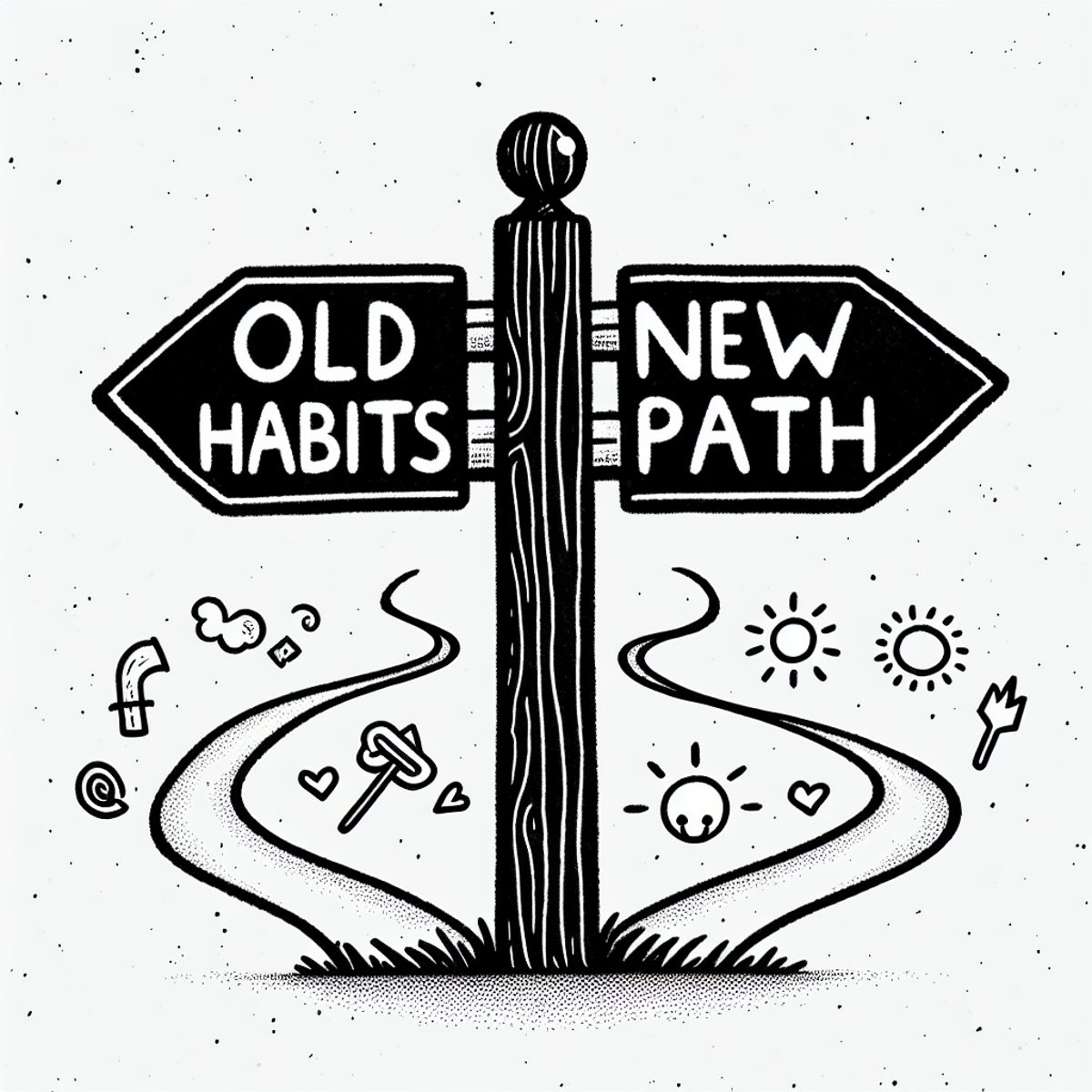 A signpost at a fork: Old Habits one way, New Path the other