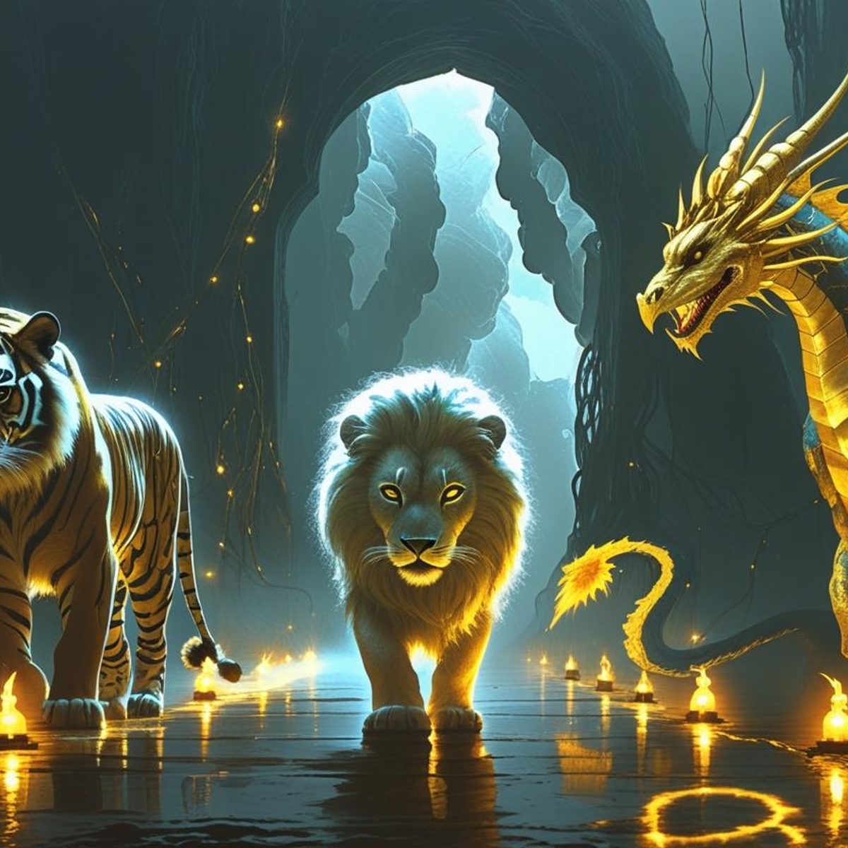 A tiger, a snow lion and a dragon in a candlelit cave