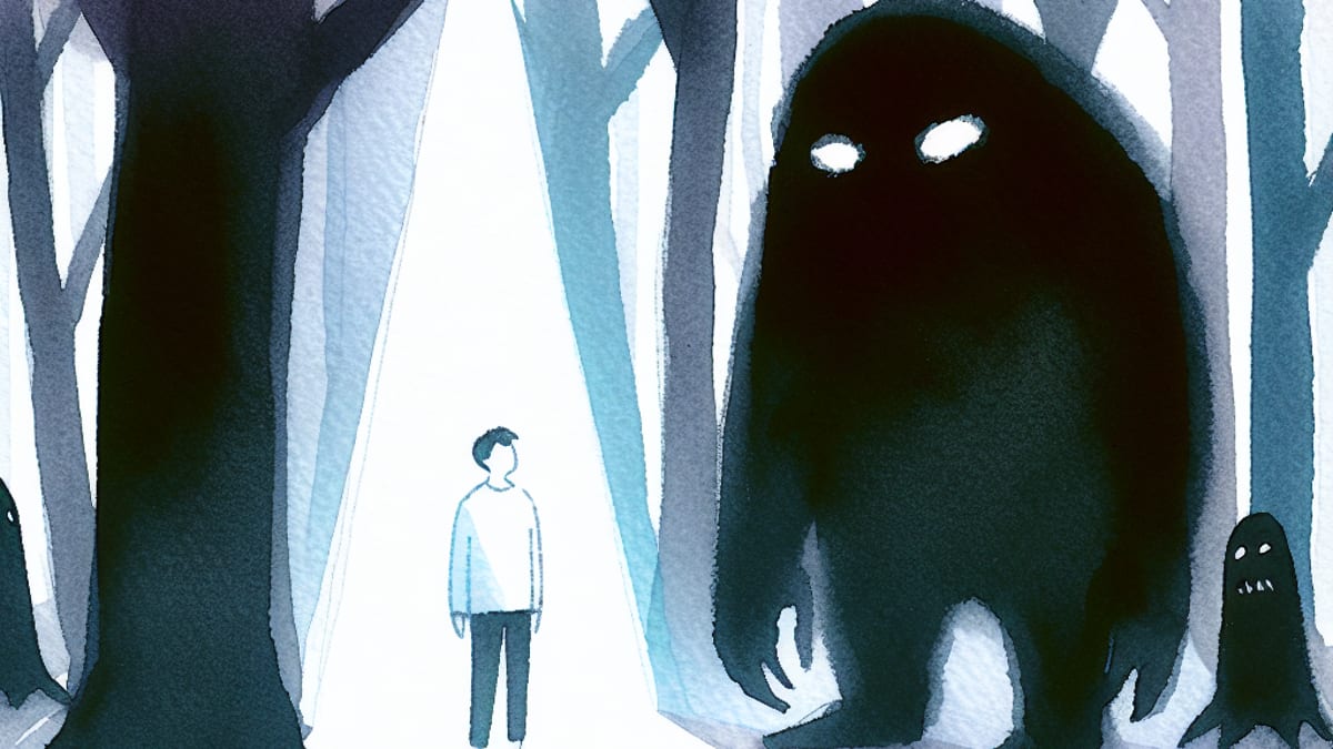 A child facing a large dark monster in a misty forest