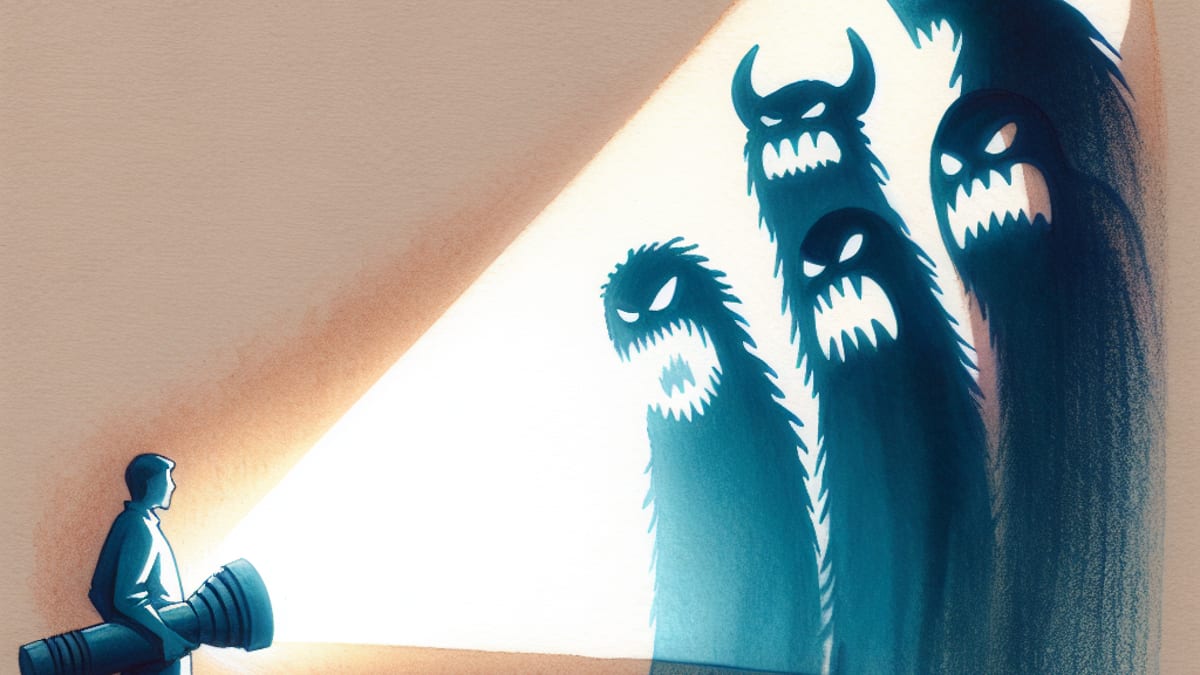 A small figure shining a flashlight on looming shadow monsters