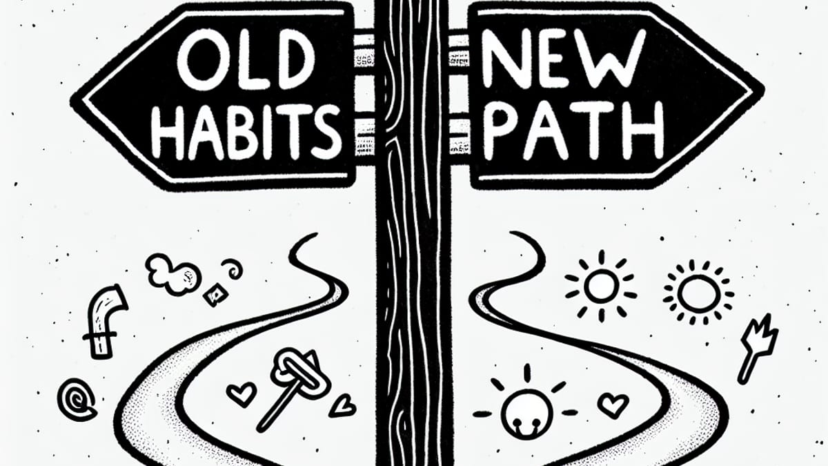 A signpost at a fork: Old Habits one way, New Path the other
